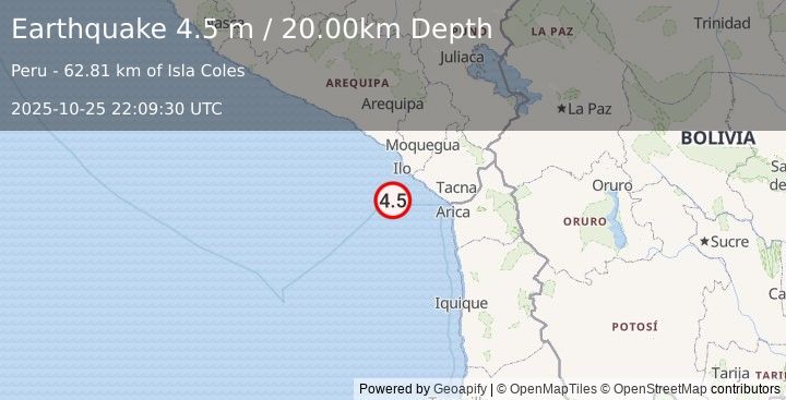 Earthquake OFF COAST OF TARAPACA, CHILE (4.6 mb) (2025-10-25 22:09:36 UTC)