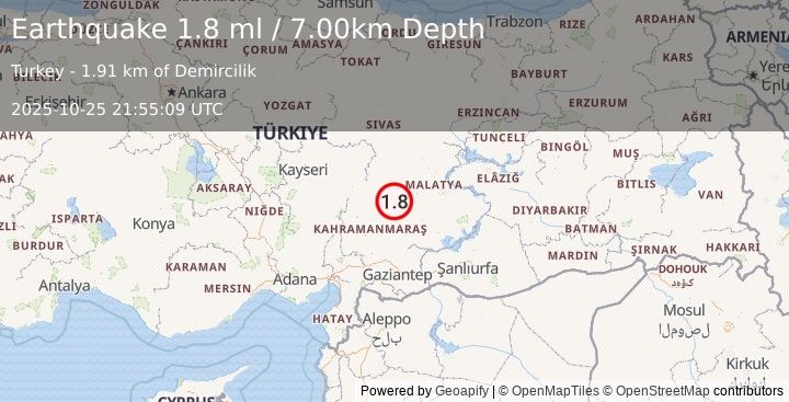 Earthquake CENTRAL TURKEY (1.8 ml) (2025-10-25 21:55:08 UTC)