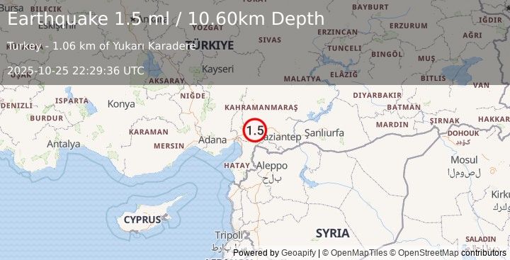 Earthquake CENTRAL TURKEY (1.5 ml) (2025-10-25 22:29:33 UTC)