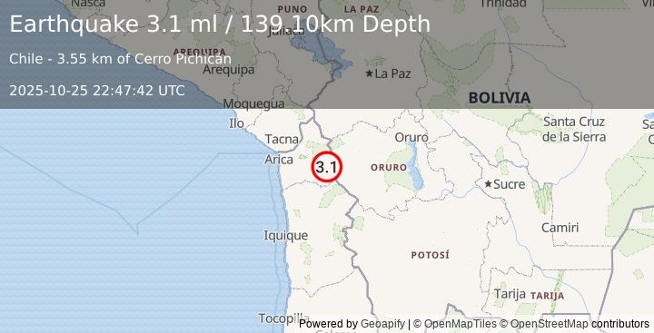 Earthquake TARAPACA, CHILE (3.1 ml) (2025-10-25 22:47:42 UTC)