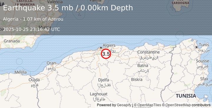 Earthquake NORTHERN ALGERIA (3.5 mb) (2025-10-25 23:16:42 UTC)