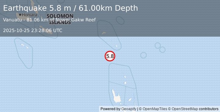 Earthquake SANTA CRUZ ISLANDS (6.0 mw) (2025-10-25 23:28:04 UTC)