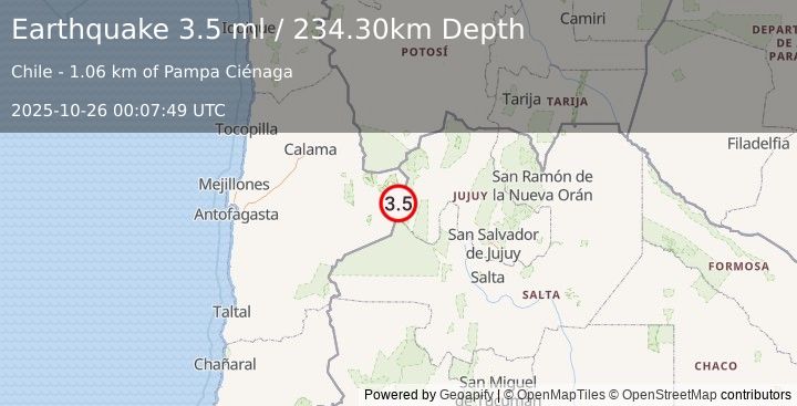 Earthquake ANTOFAGASTA, CHILE (3.5 ml) (2025-10-26 00:07:49 UTC)