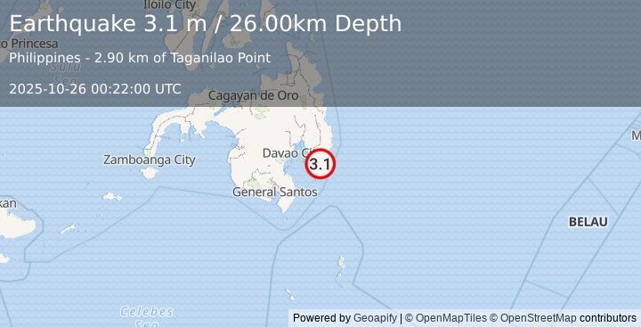 Earthquake MINDANAO, PHILIPPINES (3.1 m) (2025-10-26 00:22:00 UTC)