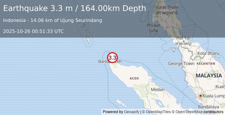 Earthquake NORTHERN SUMATRA, INDONESIA (3.3 m) (2025-10-26 00:51:33 UTC)