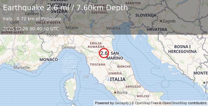 Earthquake NORTHERN ITALY (2.6 ml) (2025-10-26 00:40:50 UTC)
