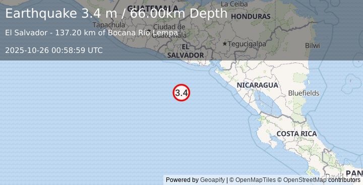 Earthquake OFF THE COAST OF EL SALVADOR (3.4 m) (2025-10-26 00:58:59 UTC)