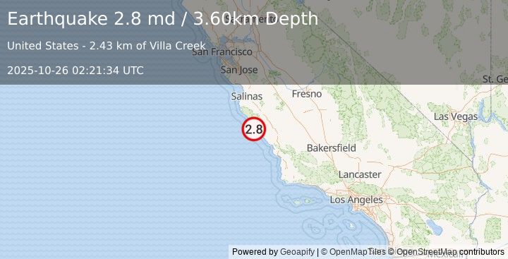 Earthquake OFFSHORE CENTRAL CALIFORNIA (2.8 md) (2025-10-26 02:21:34 UTC)
