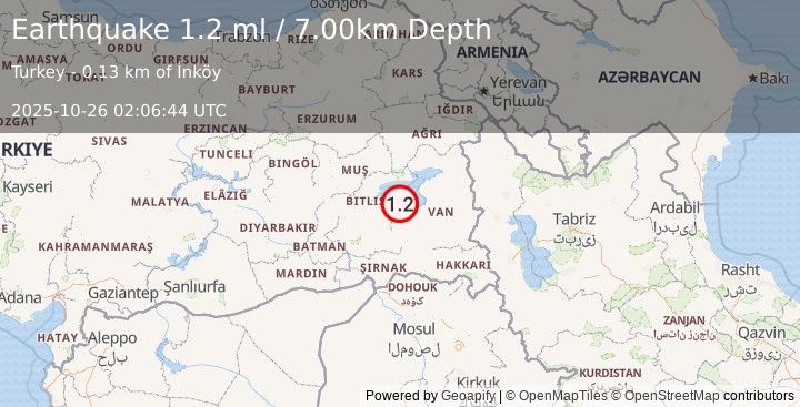 Earthquake EASTERN TURKEY (1.2 ml) (2025-10-26 02:06:43 UTC)