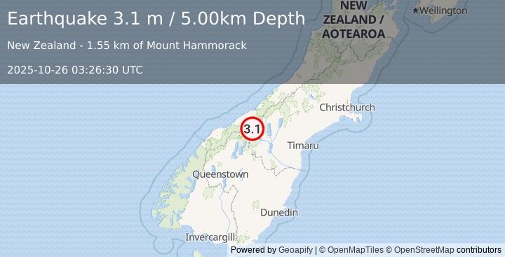 Earthquake SOUTH ISLAND OF NEW ZEALAND (3.1 m) (2025-10-26 03:26:30 UTC)
