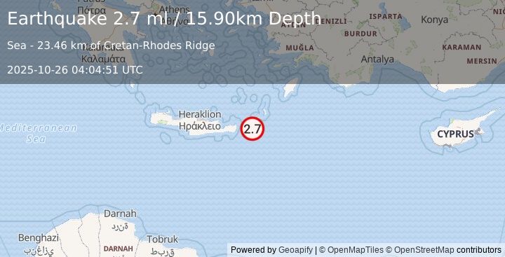 Earthquake CRETE, GREECE (2.7 ml) (2025-10-26 04:04:50 UTC)