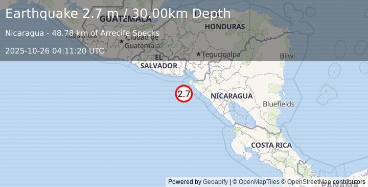 Earthquake NEAR COAST OF NICARAGUA (2.7 m) (2025-10-26 04:11:20 UTC)