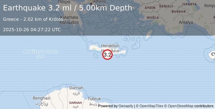 Earthquake CRETE, GREECE (3.2 ml) (2025-10-26 04:27:22 UTC)