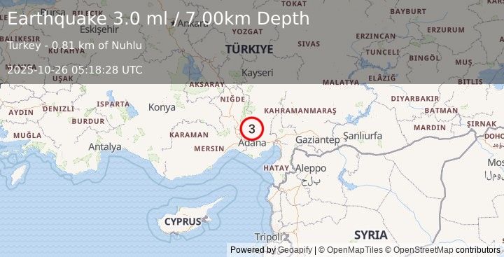 Earthquake CENTRAL TURKEY (3.0 ml) (2025-10-26 05:18:28 UTC)