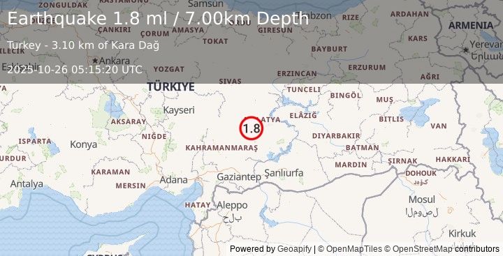 Earthquake CENTRAL TURKEY (1.8 ml) (2025-10-26 05:15:20 UTC)
