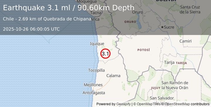 Earthquake TARAPACA, CHILE (3.1 ml) (2025-10-26 06:00:05 UTC)