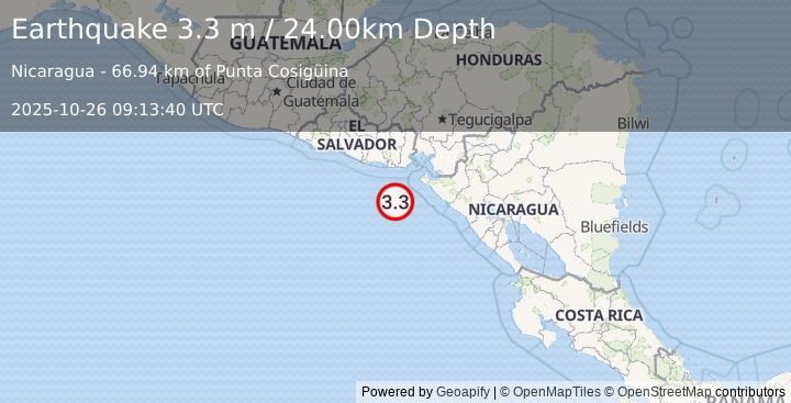 Earthquake OFFSHORE EL SALVADOR (3.3 m) (2025-10-26 09:13:40 UTC)