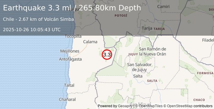 Earthquake ANTOFAGASTA, CHILE (3.3 ml) (2025-10-26 10:05:43 UTC)