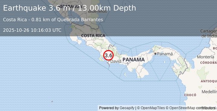 Earthquake PANAMA-COSTA RICA BORDER REGION (3.6 m) (2025-10-26 10:16:03 UTC)