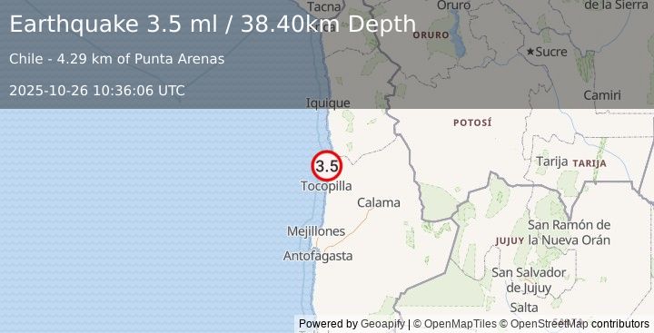 Earthquake OFFSHORE ANTOFAGASTA, CHILE (3.5 ml) (2025-10-26 10:36:06 UTC)