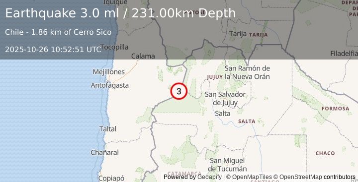 Earthquake ANTOFAGASTA, CHILE (3.0 ml) (2025-10-26 10:52:51 UTC)