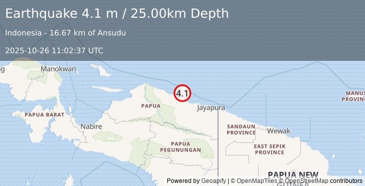 Earthquake NEAR N COAST OF PAPUA, INDONESIA (4.1 m) (2025-10-26 11:02:37 UTC)