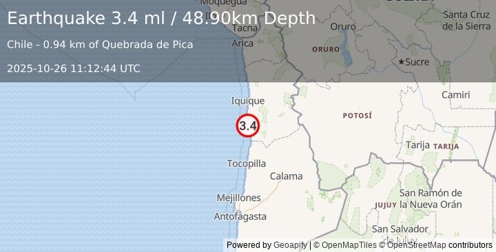 Earthquake TARAPACA, CHILE (3.4 ml) (2025-10-26 11:12:44 UTC)