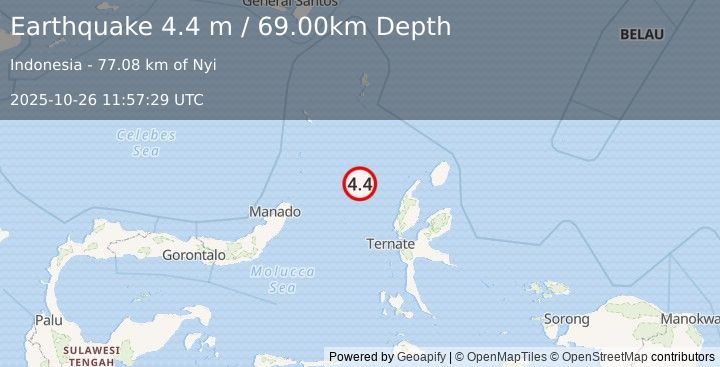 Earthquake MOLUCCA SEA (4.4 m) (2025-10-26 11:57:29 UTC)