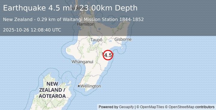 Earthquake NORTH ISLAND OF NEW ZEALAND (4.5 ml) (2025-10-26 12:08:40 UTC)