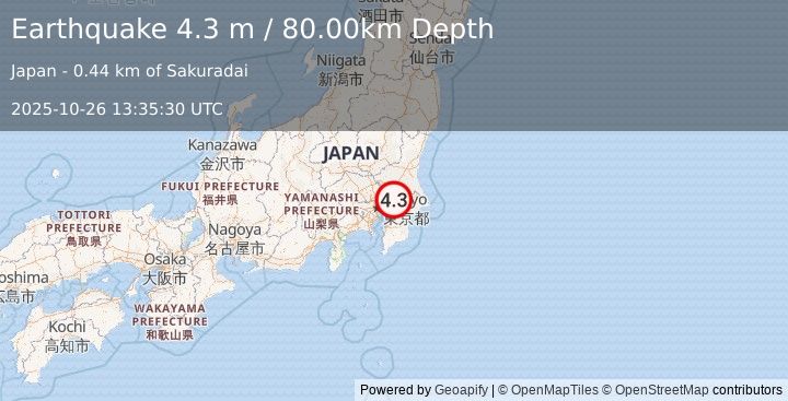 Earthquake NEAR S. COAST OF HONSHU, JAPAN (4.7 mb) (2025-10-26 13:34:57 UTC)