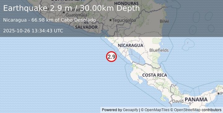 Earthquake NEAR COAST OF NICARAGUA (2.9 m) (2025-10-26 13:34:43 UTC)