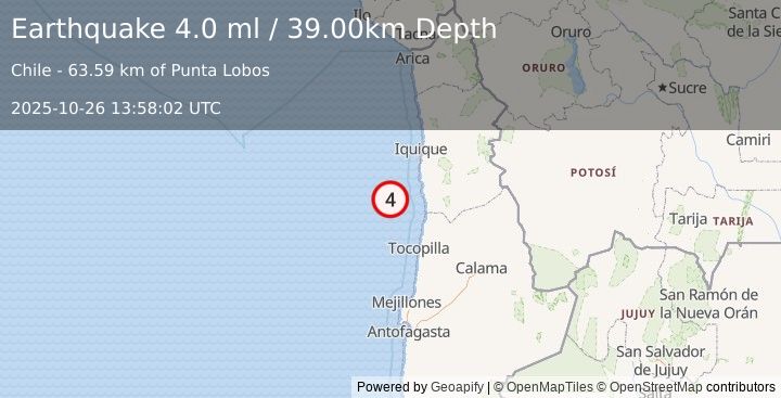 Earthquake OFFSHORE ANTOFAGASTA, CHILE (4.0 ml) (2025-10-26 13:58:02 UTC)