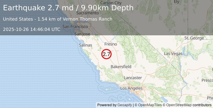 Earthquake CENTRAL CALIFORNIA (2.7 md) (2025-10-26 14:46:04 UTC)