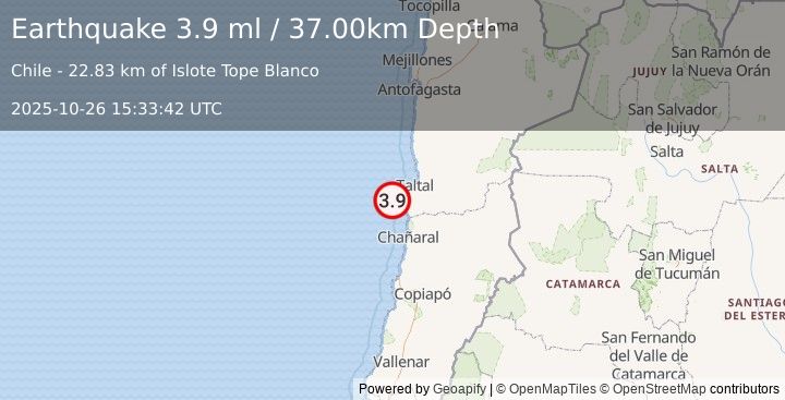 Earthquake OFFSHORE ANTOFAGASTA, CHILE (3.9 ml) (2025-10-26 15:33:42 UTC)