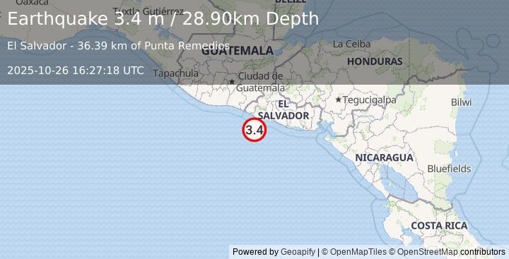 Earthquake OFFSHORE EL SALVADOR (3.4 m) (2025-10-26 16:27:18 UTC)