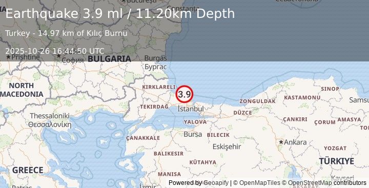 Earthquake WESTERN TURKEY (3.9 ml) (2025-10-26 16:44:50 UTC)