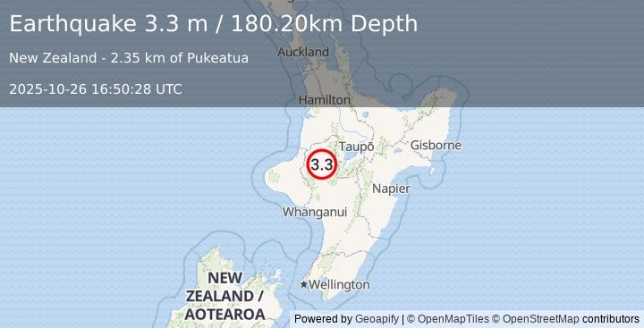 Earthquake NORTH ISLAND OF NEW ZEALAND (3.3 m) (2025-10-26 16:50:28 UTC)