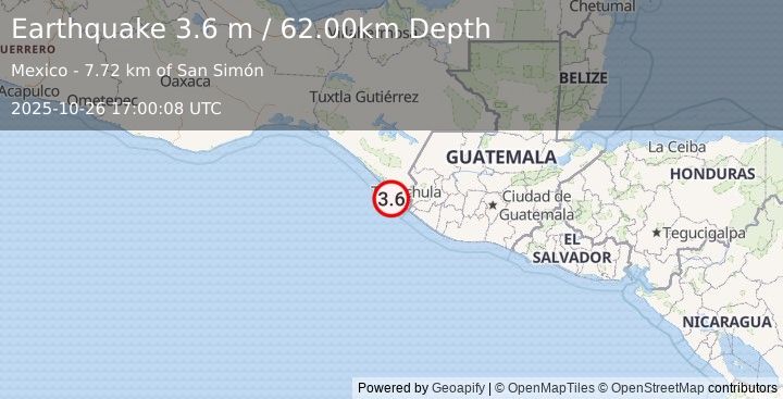 Earthquake OFFSHORE CHIAPAS, MEXICO (3.6 m) (2025-10-26 17:00:08 UTC)