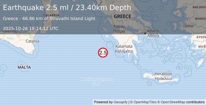 Earthquake CENTRAL MEDITERRANEAN SEA (2.5 ml) (2025-10-26 18:14:12 UTC)