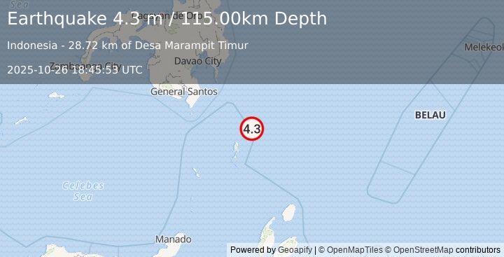 Earthquake KEPULAUAN TALAUD, INDONESIA (4.3 m) (2025-10-26 18:45:53 UTC)