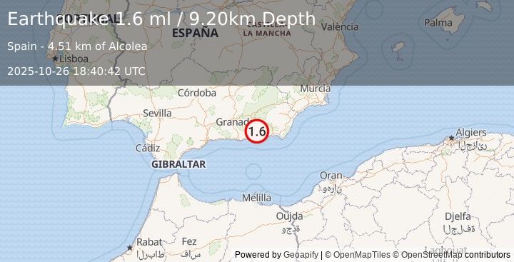 Earthquake STRAIT OF GIBRALTAR (1.6 ml) (2025-10-26 18:40:42 UTC)