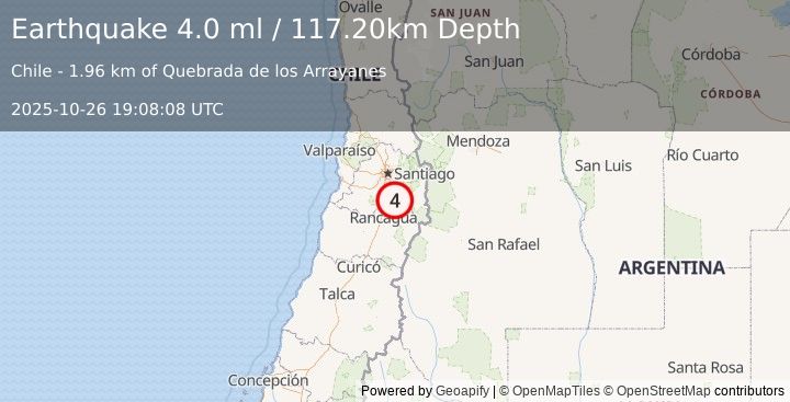 Earthquake REGION METROPOLITANA, CHILE (4.5 ml) (2025-10-26 19:08:09 UTC)