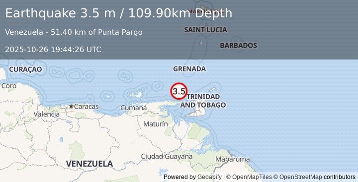 Earthquake OFFSHORE SUCRE, VENEZUELA (3.5 m) (2025-10-26 19:44:26 UTC)