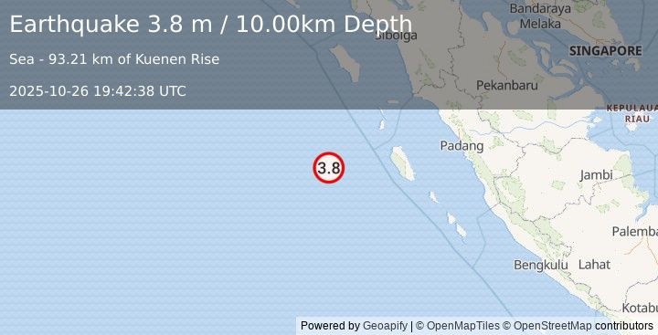 Earthquake SOUTHWEST OF SUMATRA, INDONESIA (3.8 m) (2025-10-26 19:42:38 UTC)