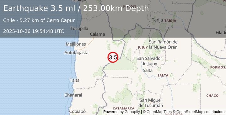 Earthquake ANTOFAGASTA, CHILE (3.5 ml) (2025-10-26 19:54:48 UTC)