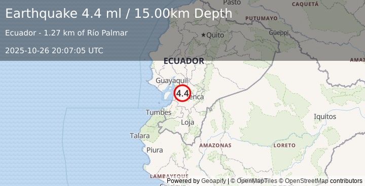 Earthquake NEAR COAST OF ECUADOR (4.4 ml) (2025-10-26 20:07:05 UTC)