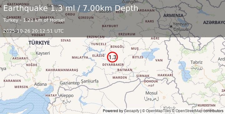 Earthquake EASTERN TURKEY (1.3 ml) (2025-10-26 20:12:51 UTC)