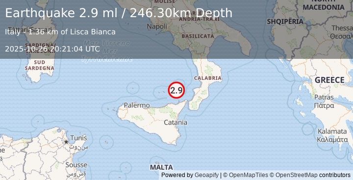 Earthquake SICILY, ITALY (2.9 ml) (2025-10-26 20:21:04 UTC)