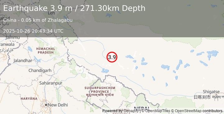 Earthquake WESTERN XIZANG (3.9 m) (2025-10-26 20:43:34 UTC)