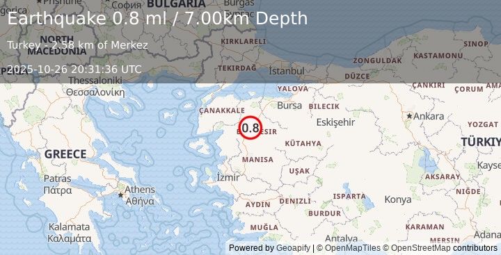 Earthquake WESTERN TURKEY (0.8 ml) (2025-10-26 20:31:36 UTC)